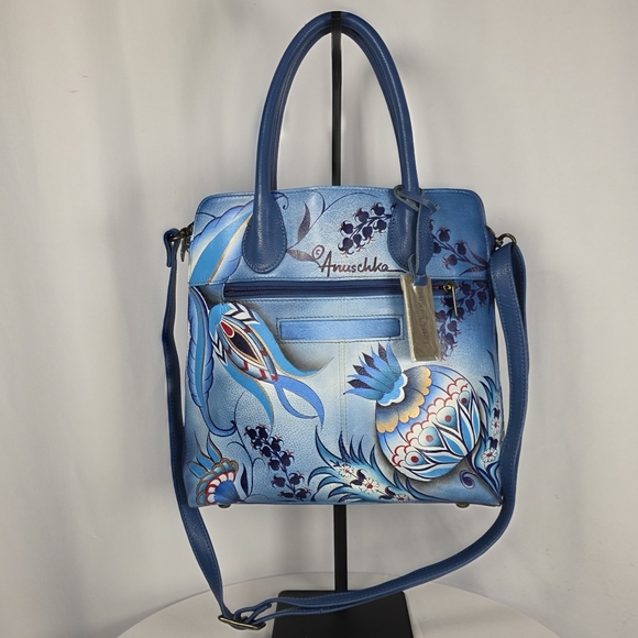 Anuschka Blue Hand-Painted Leather Satchel Crossbody Bag - Picture 4 of 8